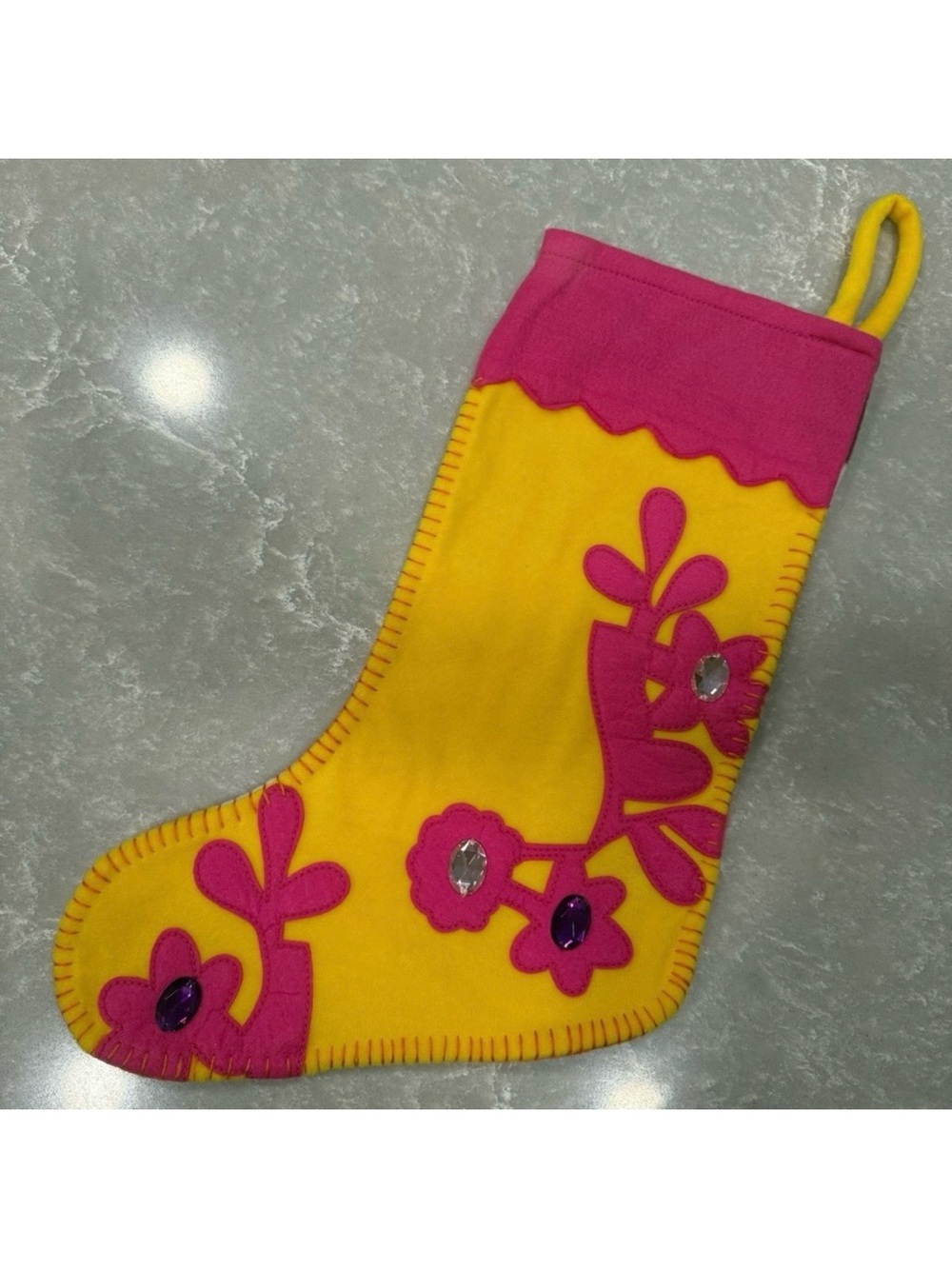 Vintage Old Navy Felt Christmas Stocking Pink Yellow Floral Gem Holiday Decor